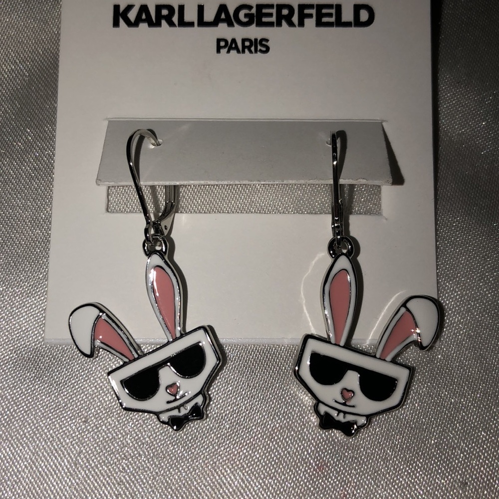 Karl Lagerfeld Silver Tone & White Enamel Choupette Bunny Drop Earrings NWT